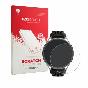 Face avant d’un emballage produit avec le logo de la marque upscreen. À côté, l’appareil Amazfit Cheetah 2 Pro est représenté 