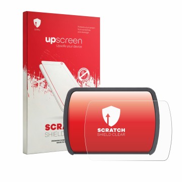 Parte frontal de un envase de producto con el logotipo de la marca upscreen. Al lado se muestra el dispositivo Motocaddy M7 Re