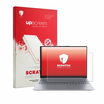 Face avant d’un emballage produit avec le logo de la marque upscreen. À côté, l’appareil Lenovo ThinkBook 16 Gen 9 est représe