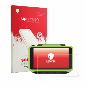 Vorderseite einer Produktverpackung mit dem Markenlogo upscreen. Daneben ist das Gerät Zebra WT6400 mit dem zugehörigen Displa