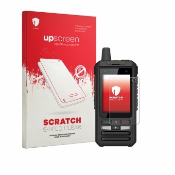 Parte frontal de un envase de producto con el logotipo de la marca upscreen. Al lado se muestra el dispositivo Uniwa F80S con 
