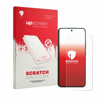 Parte frontal de un envase de producto con el logotipo de la marca upscreen. Al lado se muestra el dispositivo Oppo F33 con su