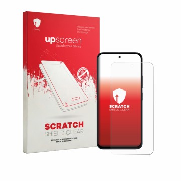 Face avant d’un emballage produit avec le logo de la marque upscreen. À côté, l’appareil Xiaomi Poco M8s est représenté avec l