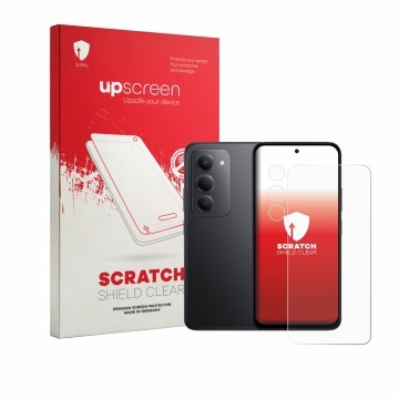 Vorderseite einer Produktverpackung mit dem Markenlogo upscreen. Daneben ist das Gerät Xiaomi Poco M8s (Display+Kamera) mit de