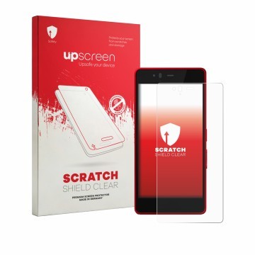 Front side of a product packaging with the brand logo upscreen. Next to it is the device Fujitsu Arrows M04 shown with the cor