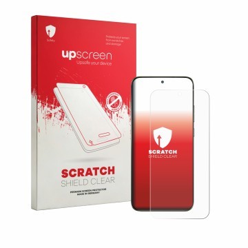 Parte frontal de un envase de producto con el logotipo de la marca upscreen. Al lado se muestra el dispositivo Motorola Edge 7