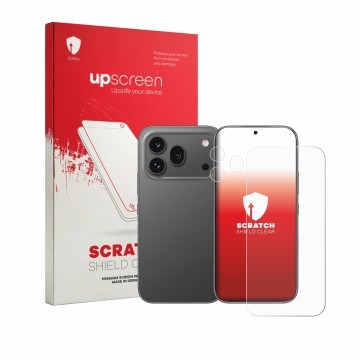 Face avant d’un emballage produit avec le logo de la marque upscreen. À côté, l’appareil Honor 600 Pro (Avant+Caméra) est repr