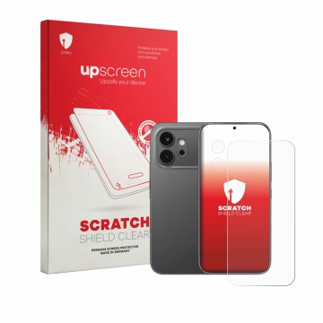 Parte frontal de un envase de producto con el logotipo de la marca upscreen. Al lado se muestra el dispositivo Honor 600 (Fron