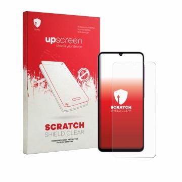 Vorderseite einer Produktverpackung mit dem Markenlogo upscreen. Daneben ist das Gerät Samsung Galaxy M17e mit dem zugehörigen