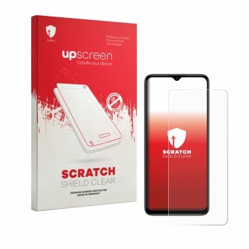 Parte frontal de un envase de producto con el logotipo de la marca upscreen. Al lado se muestra el dispositivo Itel Zeno 100 c