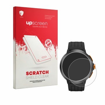 Face avant d’un emballage produit avec le logo de la marque upscreen. À côté, l’appareil Cubot BeatBox est représenté avec la 