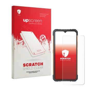 Vorderseite einer Produktverpackung mit dem Markenlogo upscreen. Daneben ist das Gerät Cubot KingKong Ace 5 mit dem zugehörige