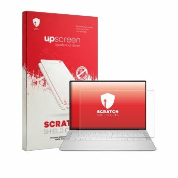 Vorderseite einer Produktverpackung mit dem Markenlogo upscreen. Daneben ist das Gerät Dell XPS 14 DA14250 mit dem zugehörigen