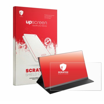 Face avant d’un emballage produit avec le logo de la marque upscreen. À côté, l’appareil Laptomo 15.6