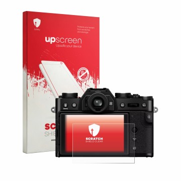 Parte frontale di una confezione del prodotto con il logo del marchio upscreen. Accanto è raffigurato il dispositivo Fujifilm 