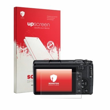 Parte frontale di una confezione del prodotto con il logo del marchio upscreen. Accanto è raffigurato il dispositivo Ricoh GR 