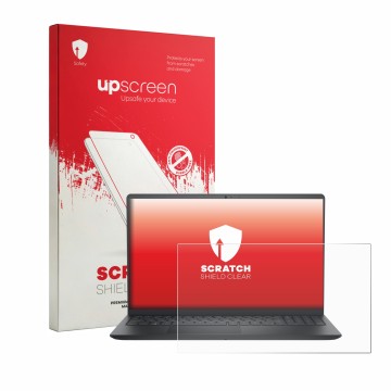 Vorderseite einer Produktverpackung mit dem Markenlogo upscreen. Daneben ist das Gerät Dell Pro 15 Essential PV15250 mit dem z