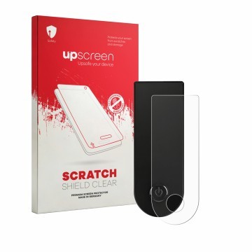 Parte frontal de un envase de producto con el logotipo de la marca upscreen. Al lado se muestra el dispositivo Xiaomi Electric