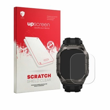 Vorderseite einer Produktverpackung mit dem Markenlogo upscreen. Daneben ist das Gerät Kospet Tank M4C mit dem zugehörigen Dis