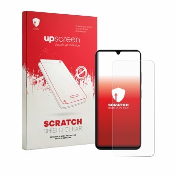 Parte frontal de un envase de producto con el logotipo de la marca upscreen. Al lado se muestra el dispositivo Blackview Wave 