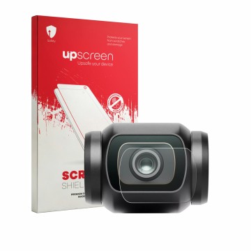 Parte frontal de un envase de producto con el logotipo de la marca upscreen. Al lado se muestra el dispositivo DJI Osmo Pocket