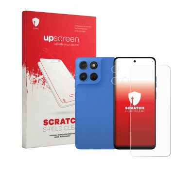 Parte frontale di una confezione del prodotto con il logo del marchio upscreen. Accanto è raffigurato il dispositivo Motorola 