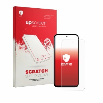 Parte frontal de un envase de producto con el logotipo de la marca upscreen. Al lado se muestra el dispositivo Tecno Pop X 5G 