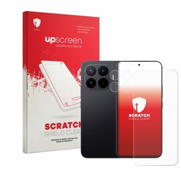 Parte frontal de un envase de producto con el logotipo de la marca upscreen. Al lado se muestra el dispositivo Xiaomi 17T Pro 