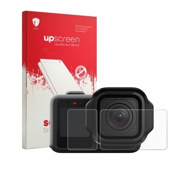 Vorderseite einer Produktverpackung mit dem Markenlogo upscreen. Daneben ist das Gerät GoPro Mission 1 Pro mit dem zugehörigen