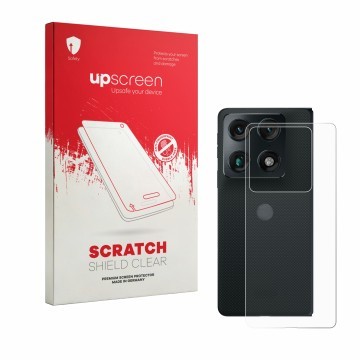 Vorderseite einer Produktverpackung mit dem Markenlogo upscreen. Daneben ist das Gerät Motorola Razr Fold (Rückseite) mit dem 