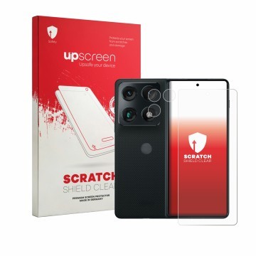 Vorderseite einer Produktverpackung mit dem Markenlogo upscreen. Daneben ist das Gerät Motorola Razr Fold (Display+Kamera) mit