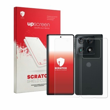 Vorderseite einer Produktverpackung mit dem Markenlogo upscreen. Daneben ist das Gerät Motorola Razr Fold (Display+Rückseite) 
