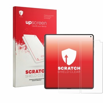 Vorderseite einer Produktverpackung mit dem Markenlogo upscreen. Daneben ist das Gerät Motorola Razr Fold (Inneres Display) mi