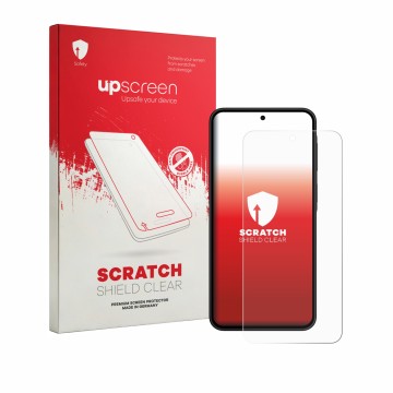 Parte frontale di una confezione del prodotto con il logo del marchio upscreen. Accanto è raffigurato il dispositivo Samsung G