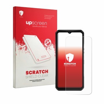 Parte frontale di una confezione del prodotto con il logo del marchio upscreen. Accanto è raffigurato il dispositivo Oukitel W