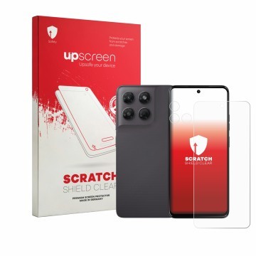 Vorderseite einer Produktverpackung mit dem Markenlogo upscreen. Daneben ist das Gerät Motorola Moto G37 (Display+Kamera) mit 