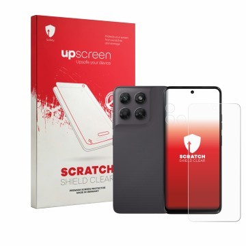 Vorderseite einer Produktverpackung mit dem Markenlogo upscreen. Daneben ist das Gerät Motorola Moto G47 (Display+Kamera) mit 