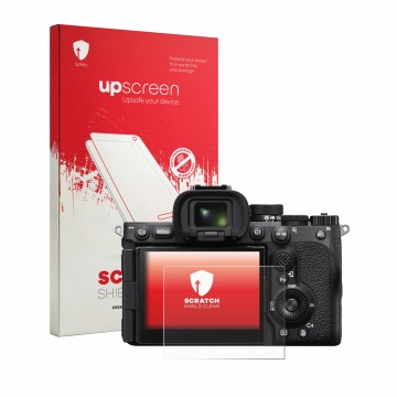 Parte frontale di una confezione del prodotto con il logo del marchio upscreen. Accanto è raffigurato il dispositivo Sony Alph