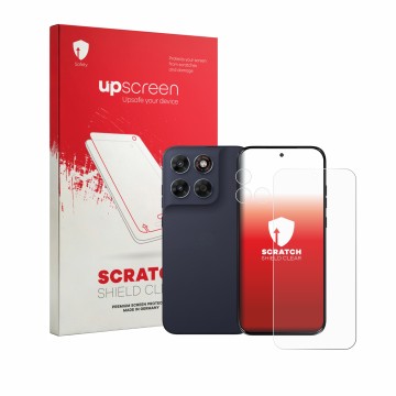 Parte frontale di una confezione del prodotto con il logo del marchio upscreen. Accanto è raffigurato il dispositivo Motorola 