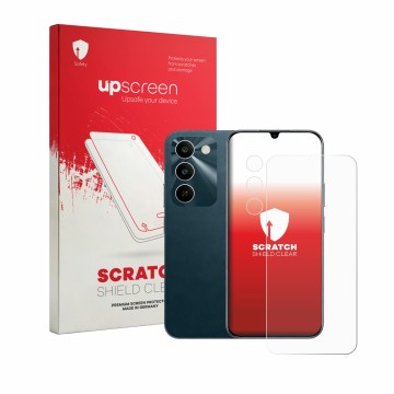 Vorderseite einer Produktverpackung mit dem Markenlogo upscreen. Daneben ist das Gerät realme C100 5G (Display+Kamera) mit dem