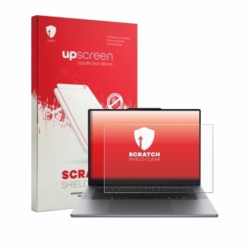 Face avant d’un emballage produit avec le logo de la marque upscreen. À côté, l’appareil Lenovo Yoga Pro 7i Gen 11 Aura Editio