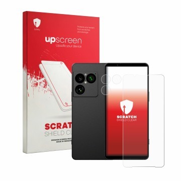 Front side of a product packaging with the brand logo upscreen. Next to it is the device Sony Xperia 1 VIII (Front+Camera) sho