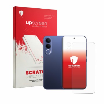Parte frontal de un envase de producto con el logotipo de la marca upscreen. Al lado se muestra el dispositivo Vivo V70 FE (Fr
