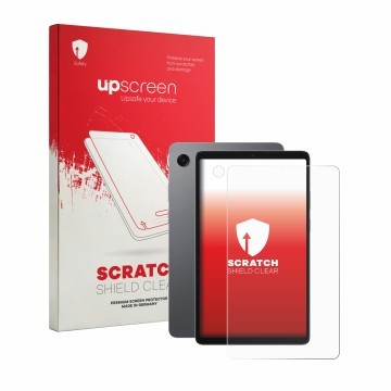 Face avant d’un emballage produit avec le logo de la marque upscreen. À côté, l’appareil Samsung Galaxy Tab A11 8.7