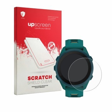 Vorderseite einer Produktverpackung mit dem Markenlogo upscreen. Daneben ist das Gerät Garmin Forerunner 170 Music mit dem zug