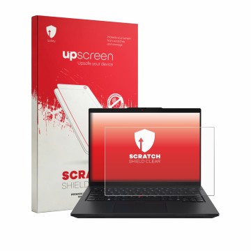 Parte frontale di una confezione del prodotto con il logo del marchio upscreen. Accanto è raffigurato il dispositivo Lenovo Th