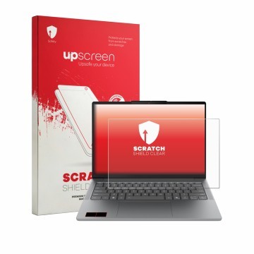 Face avant d’un emballage produit avec le logo de la marque upscreen. À côté, l’appareil Lenovo IdeaPad Slim 5i Gen 11 14
