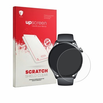 Face avant d’un emballage produit avec le logo de la marque upscreen. À côté, l’appareil Xiaomi Watch S5 est représenté avec l