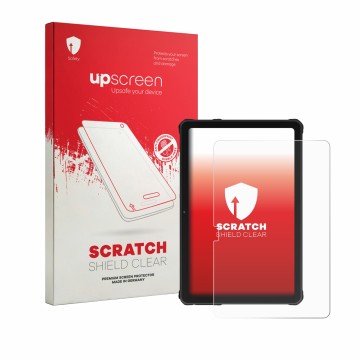 Vorderseite einer Produktverpackung mit dem Markenlogo upscreen. Daneben ist das Gerät Oukitel RT10 mit dem zugehörigen Displa