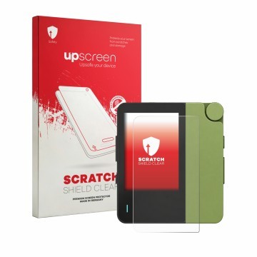 Parte frontal de un envase de producto con el logotipo de la marca upscreen. Al lado se muestra el dispositivo Hiby W4 con su 